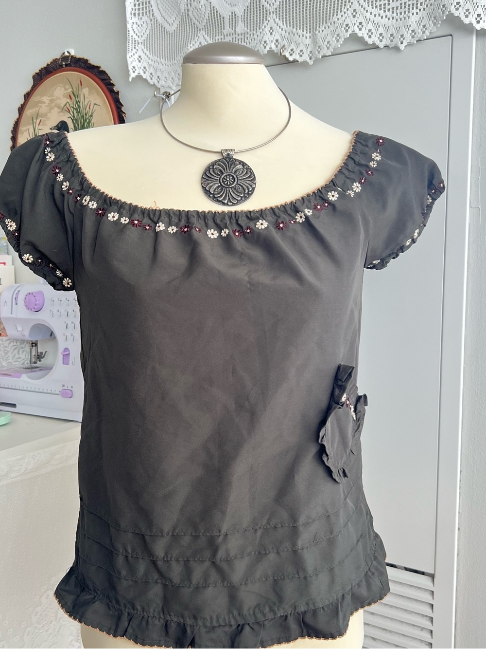 Dark green floral embroidered off shoulder blouse